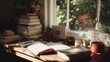 © Alena - Cozy creative workspace with books and sunlight streaming through large window. Peaceful workspace with open inspiring nonfiction books.