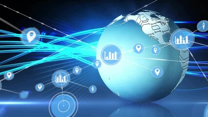 Poster - Neon streams converging toward globe causing icons materializing and clustering showing data flow