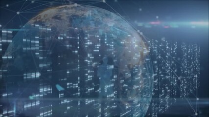 Poster - Ripple traveling from globe causing pulses, blocks intensifying, network lines weaving connectivity