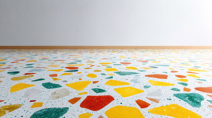Poster - Colorful terrazzo floor with polished stone chips in various shapes and vibrant colors, creating lively and artistic interior space