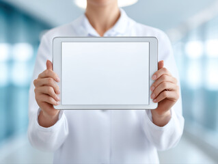 Poster - Person in white shirt holding blank white horizontal tablet screen with both hands in bright modern indoor setting