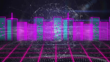 Poster - Sweeping grid triggers neon skyline rising, binary code swirling and globe rotating to show network