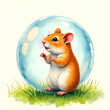 © Наталья Борисова - Illustration of a hamster in a soap bubble on the grass,watercolor