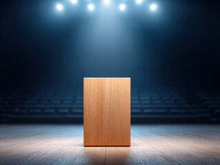 Poster - Wooden podium on stage with bright spotlights shining down, empty auditorium seats in background creating dramatic atmosphere