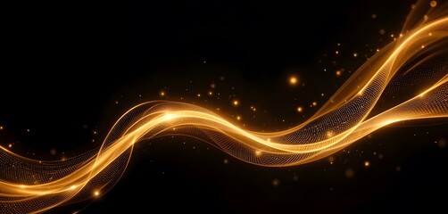 Aufkleber - Golden Flowing Abstraction, A Radiant Dance Of Light. Elegant Lines Twirl, Creating A Warm, Sophisticated Effect. Glowing Orbs Enhance The Design. Perfect For Modern Digital Projects.
