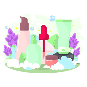 Natural Skincare Product Set Illustration with Floral and Leaf Elements