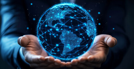 Poster - Businessman holding a digital, glowing Earth hologram in his hands on a dark background, 
