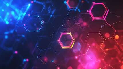 Aufkleber - Abstract Tech Background with Glowing Hexagons, Lines, and Nodes in Red and Blue