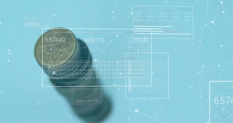 Poster - Coin stack on pale blue surface sparking overlays fading in during rotating financial data visuals
