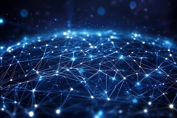 Poster - Connected Network Globe with Blue Glowing Nodes and Lines on a Dark Background