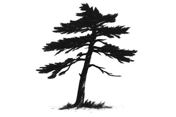  Monochrome pine tree silhouette rendering, transparent backdrop, highlighting botanical graphic design element