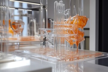 Poster - Cellular regeneration lab featuring transparent 3D-printed tissue scaffolds and nutrient channels 