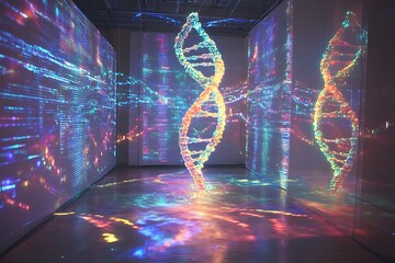 Poster - DNA helix holographic projections surrounded by dynamic data streams in a sterile chamber