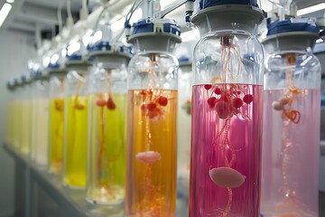 Poster - Lab-grown organ vats, suspended in breathable gels with shimmering nutrient pathways 