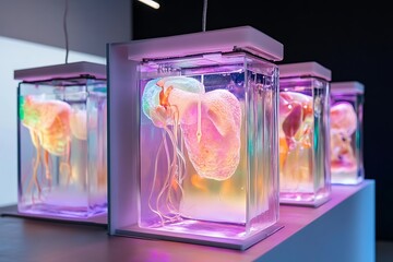 Poster - Lab-grown organ vats, suspended in breathable gels with shimmering nutrient pathways 