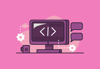 Coding workspace featuring a computer, gears, and chat bubbles. Ideal for technology or software development concepts in graphic design.