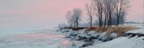 Icy shoreline with drifting ice floes under pale arctic dawn