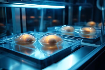 Poster - Rapid cloning chamber showcasing synthetic embryos encased in bio-reactive growth mediums 