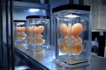 Poster - Rapid cloning chamber showcasing synthetic embryos encased in bio-reactive growth mediums 