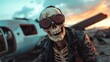 © svastix - A quirky image of a skeleton dressed in a leather jacket and aviator goggles, set against an abandoned backdrop, blending humor with a unique sense of adventure and style.