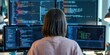 © hobonski - A female software developer is working on multiple screens filled with colorful code lines, focused on programming in a tech-driven workspace.