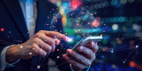 Fototapete - Businessman interacting with a digital globe on a smartphone, symbolizing global communication and network.