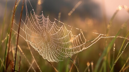 Spiderweb dew net on grass with softly blurred dawn light