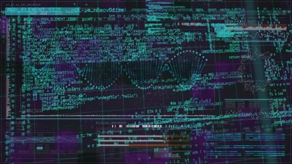 Poster - Purple grid initiating teal helix pulsing and glitching while code streams animating data cycle