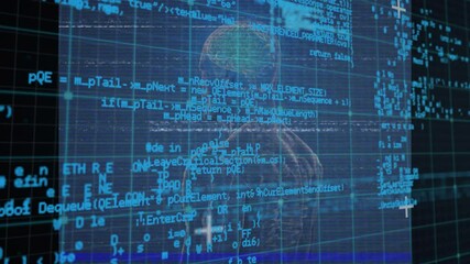 Poster - Upon code overlay, holographic wireframe skeleton figure glitching shifting to reveal glowing brain