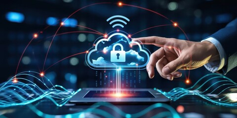 Fototapete - A businessman's hand touches a secure cloud icon on a virtual interface, symbolizing data protection, cybersecurity, and cloud computing technology.