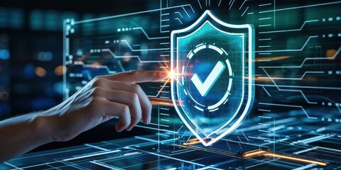 Fototapete - A hand activates a cybersecurity shield icon on a futuristic interface. A concept for data protection, internet privacy, and digital network safety.