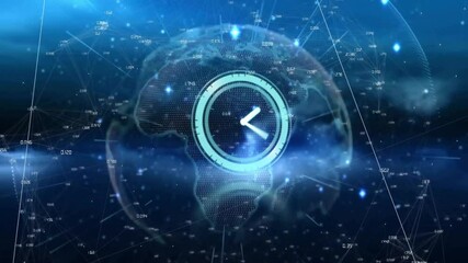 Fototapete - At start Earth globe appearing clock bezel forming hands rotating lines pulsing showing world data