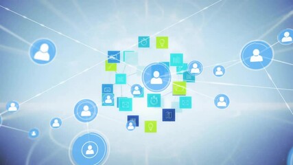 Poster - Central circle appearing sending lines spawning rotating icons forming network showing connectivity