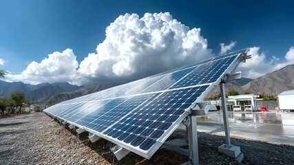 Solar panels array under a partly cloudy sky