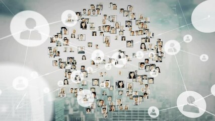 Poster - Upon data input business portraits forming network nodes fanning out to visualize connections