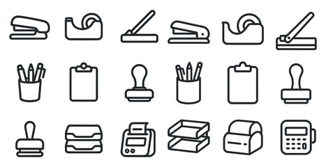 Poster - Office supplies outline icons set – linear, business, stationery essentials