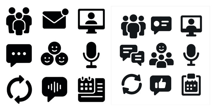 Communication and business icons set – solid, filled, digital interaction visuals