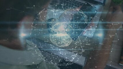 Poster - Man using smartphone and laptop on desk causing digital globe pulsing and visualizing network data