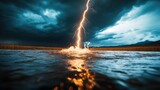 A powerful display of nature as a lightning bolt hits the water's surface in a stormy ambiance, portraying the force and beauty of the natural world.
