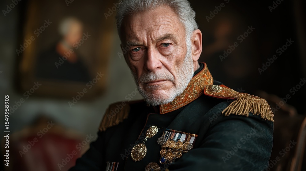 A formidable elderly man clad in an ornate military uniform, adorned ...