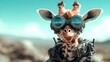 © svastix - A whimsical giraffe dons futuristic goggles and space attire, radiating a playful charm that sparks imagination and curiosity, set against a vibrant, bright background.