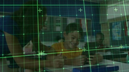 Poster - Teacher leaning in pointing at tablet, activating green AR grid guiding learning, student laughing
