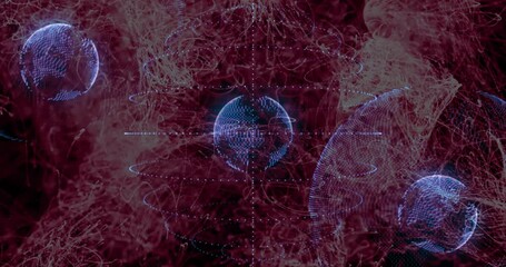 Poster - Fading in three blue dotted spheres rotating and forming red tendrils highlighting digital network