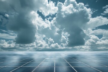 Wall Mural - vast landscape of solar panels with a dramatic cloudy sky, contrast of technology and nature
