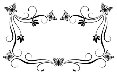 Poster - Frame ornament with flowers, leaves and butterflies. Decorative element for decor and text greeting or invitation card design.