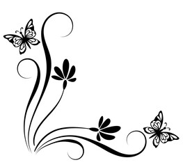 Poster - Corner ornament with flowers, leaves and butterfly. Decorative element for decor and text greeting or invitation card design.