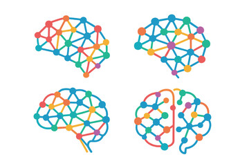 Poster - Icon set of brain neural network, symbolizing neuron connections, featuring vibrant colors in an abstract logo suitable for science and biotechnology companies, AI, health, and medical technology, as