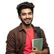 © Camel Studio - Portrait of a Happy Young Indian College Student with Backpack and Book Smiling at Camera on Isolated Background