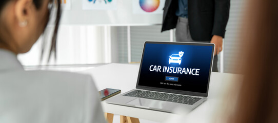 Poster - car insurance online website on computer screen for insure your car damage snugly