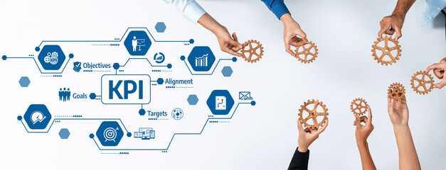 Fototapete - A dynamic team collaborates on defining key performance indicators, utilizing symbolic gear mechanisms that represent strategic planning, objectives, and business alignment efforts. Amity